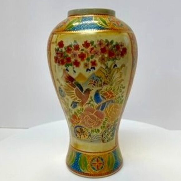 Chinese Earthenware Vase 9.5” Transferware Birds Flowers and Gilded Chinoiserie - Picture 1 of 6